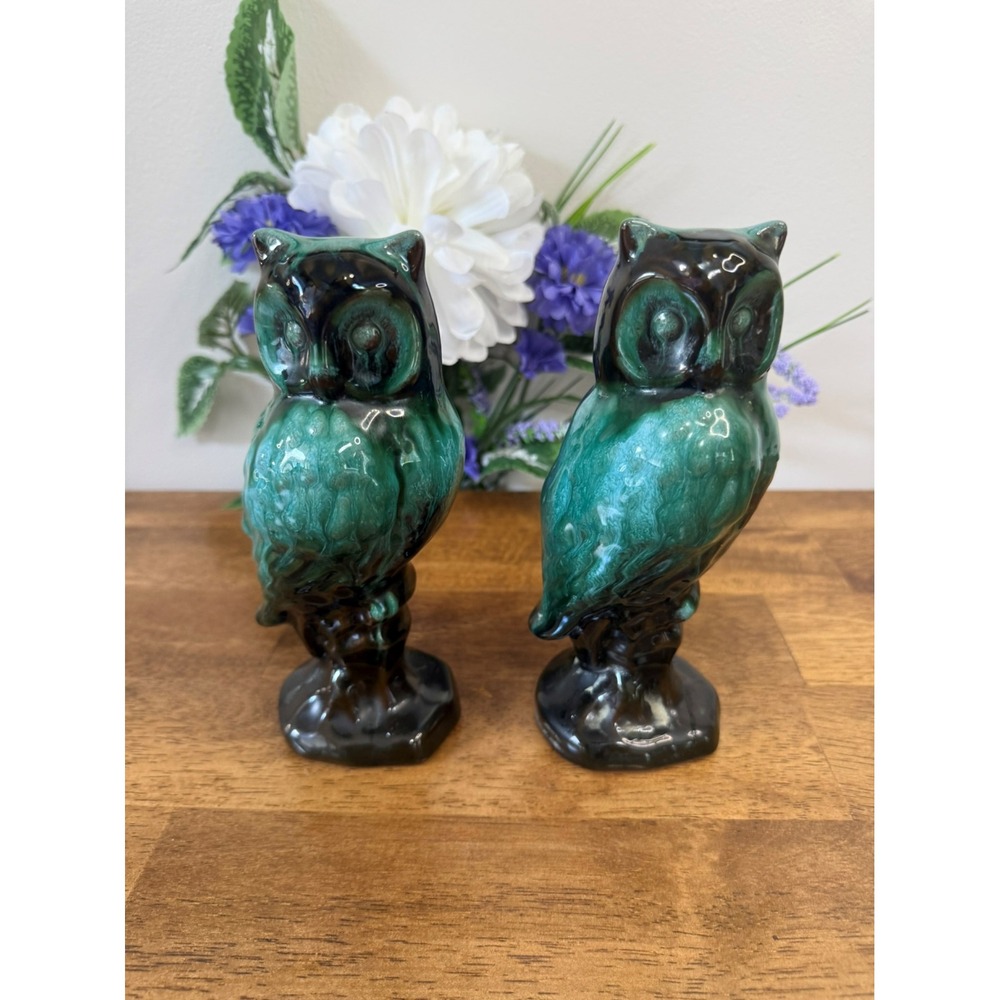 Vintage Blue Mountain Pottery Owls Canadian Art Pottery Green Drip Glaze Pair